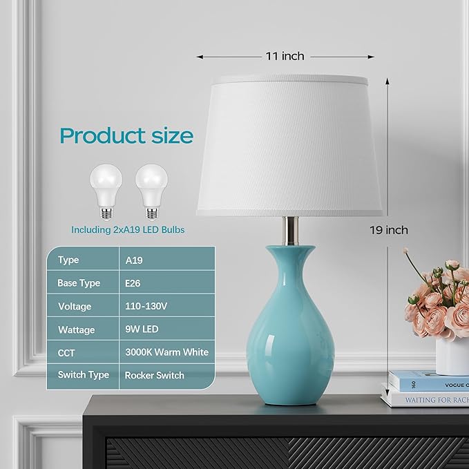 PARTPHONER Table Lamp Set of 2, Modern Ceramic Bedside Lamps for Night Stands, Classic Small Lamp Nightstand Lamp for Bedroom Living Room Desk End Table Rocker Swtich Sky Blue