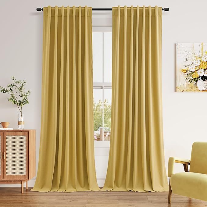 Guken Blackout Curtains 90 Inch Length 2 Panels Set for Living Room Bedroom Back Tab Thermal Insulated 100% Black Out Linen Drapes Room Darkening Window Curtains 90 Inches Long,Gold