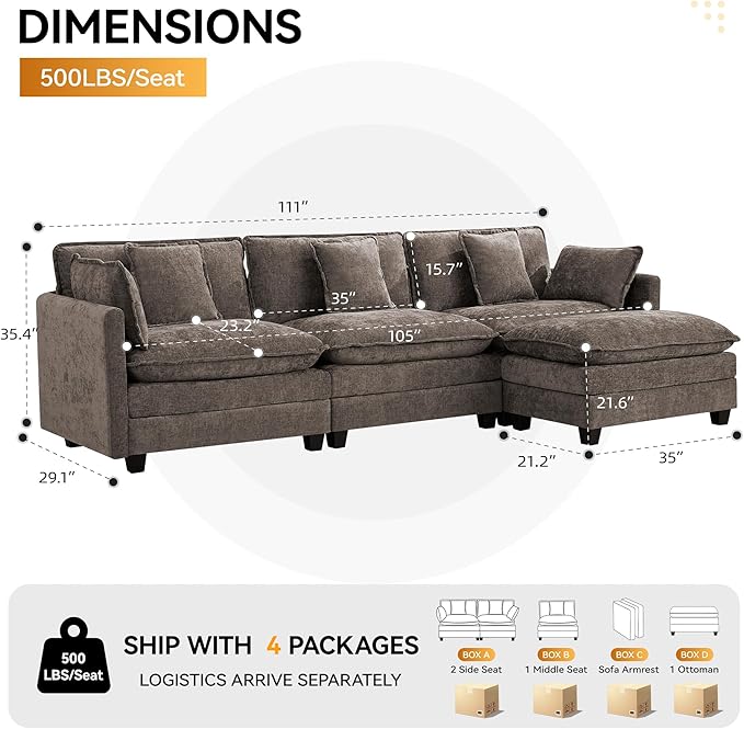 111'' Sectional Cloud Deep Seat Couch, Modern Comfy Chenille L Shaped Sectional Sofa for Living Room Set, Upholstered Modular 3-Seats Sofa Couch with 1 Movable Ottoman, Brown