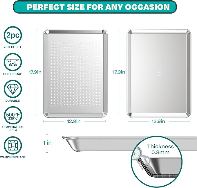 Baking Sheet Set with Rack 18" Non-Toxic Bakeware Set Baking Trays for Oven, 100% Recycled Aluminum, 2pc Bakeware Set Baking Sheets 18" Never Rust, PTFE,PFAS,PFOA Free by Baker's Secret