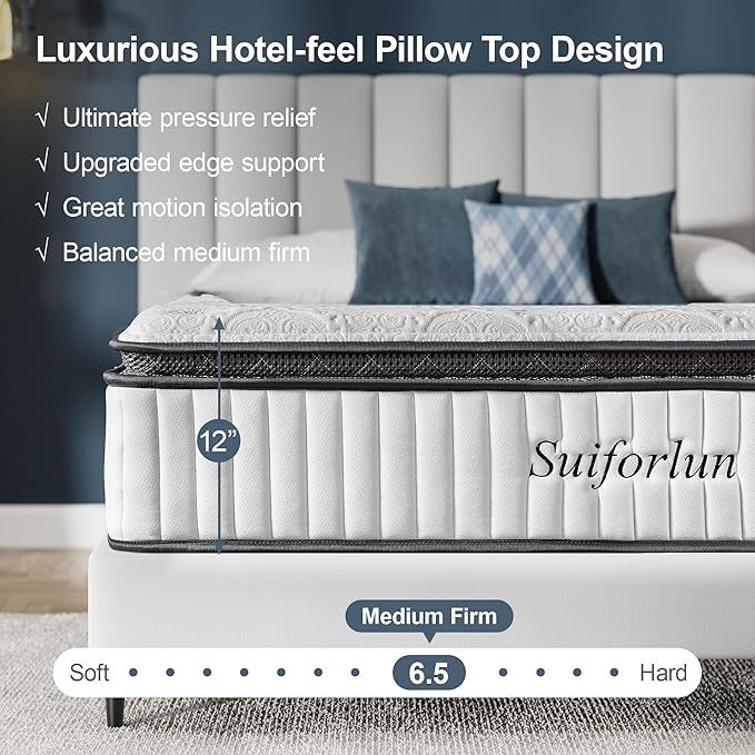 Suiforlun California King Mattress, 12 Inch Gel Memory Foam Hybrid Cal King Mattress in a Box, Pocket Spring, Medium Firm, Back Pain Relief, 120 Nights Trial