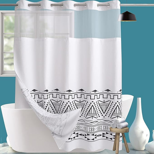 Extra Long No Hook Waffle Weave Shower Curtain with Snap in Liner Set, Hotel Luxury Boho Shower Curtains for Bathroom with See Through Top Window, Waterproof, Washable 71W x 84H White