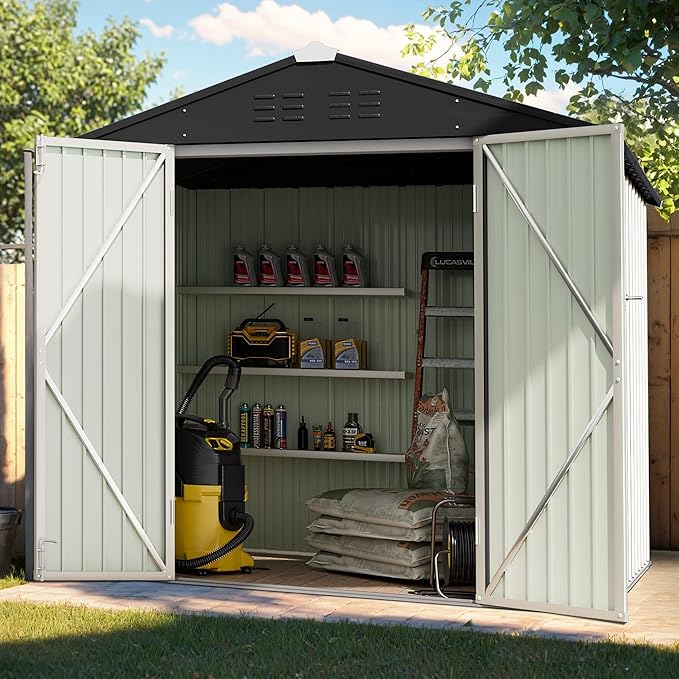 GUNJI 6 x 4 FT Shed Outdoor Storage Shed Metal Garden Shed with Lockable Door Outside Waterproof Tool Shed for Backyard, Patio, Lawn (White)