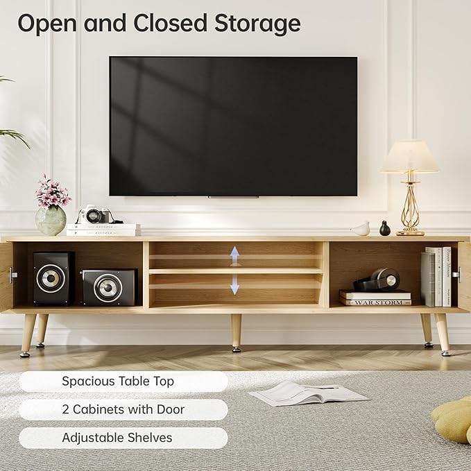 Mid Century TV Stand, Modern TV Console for TVs up to 70 Inches, Entertainment Center with Storage, TV and Media Consol for Living Room, 62 Inch (Natural Osk)