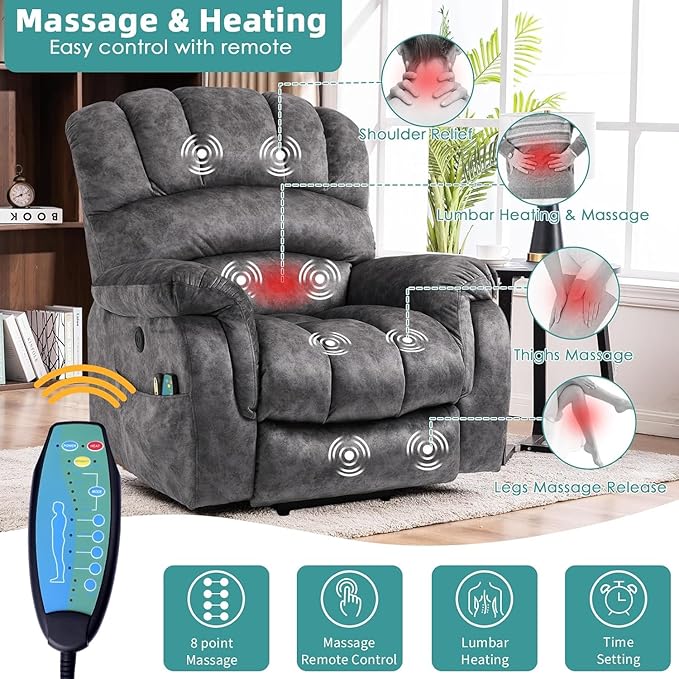 MEETWARM Large Power Lift Electric Recliner Chair with Extended Footrest for Elderly, Big and Tall Lift Chair for Seniors Reclining Chair with Vibration Massage and Heated, USB Ports(Plush-Grey)