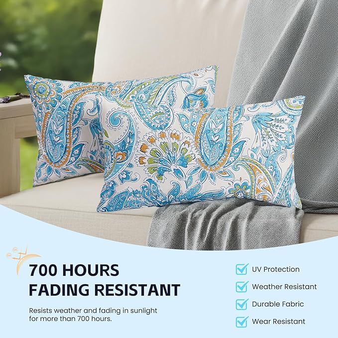Outdoor Lumbar Pillows Waterproof 12×20 Inch with Insert, Decorative Toss Pillows Set of 2, Rain-Proof, Fade Resistant for Patio Furniture, Sofa, Couch, Garden