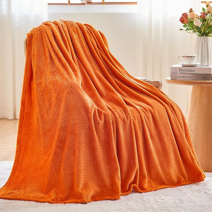 NEWCOSPLAY Super Soft King Blanket Orange Premium Silky Flannel Fleece Leaves Pattern Lightweight Bed Blanket All Season Use (Orange, King(90"x110"))