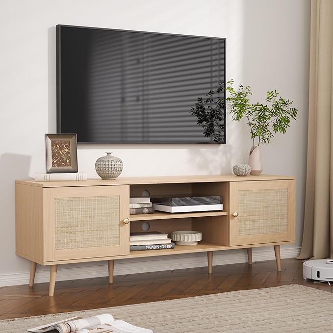 Rattan TV Stand for 55/60/65/70 inch TV, Boho 59" Entertainment Center with Storage, Modern Mid Century Media Console with Rattan Doors and Adjustable Shelf, Wood TV Stand for Living Room, Oak