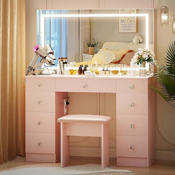 VOWNER Vanity with Lighted Mirror - Makeup Vanity Desk with Power Outlet and 9 Drawers, 3 Color Lighting Modes Adjustable Brightness, 43" Vanity Table with Soft Cushioned Stool for Bedroom, Pink