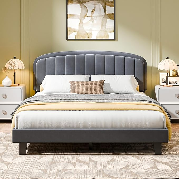 Cozy Castle Queen Bed Frame, Upholstered Platform Bed with Velvet Adjustable Curved Headboard, Mattress Foundation with Strong Wooden Slats, No Box Spring Needed, Easy Assembly, Gray