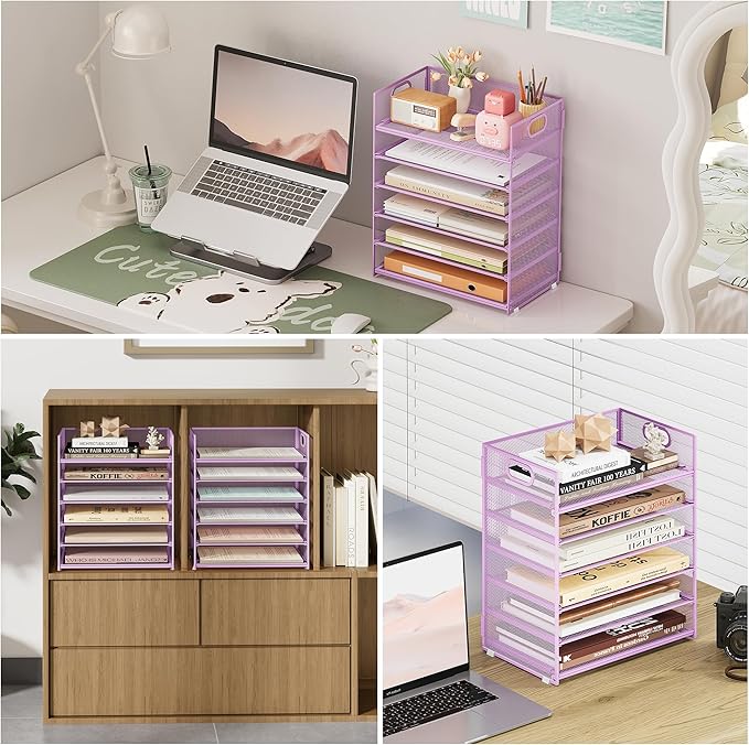 Subekyu 6-Tier Desk Paper Organizer, Desktop File Letter Tray with Handle, Document Sorter and Accessories Holder for Office, Home and School Workspace Organizers, Purple-2 Pack