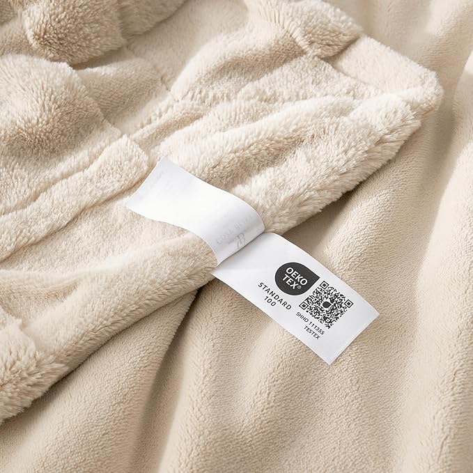 Cozy Bliss Tan Checkered Large Faux Rabbit Fur Twin Bed Blanket, Soft Fuzzy Fluffy Minky Furry Blankets for Couch, Bed, Adults (60 * 80 Inches Beige)