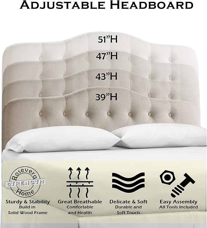 Rosevera Givanna Adjustable Height Headboard with Linen Upholstery and Button Tufting for Bedroom, Queen, Natural