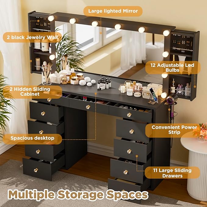 Likein Vanity Desk with Mirror and Lights, Black Vanity with Hidden Jewelry Storage Cabinet, Charging Station, 11 Drawers Makeup Vanity with Lights, Crystal Knobs, 3 Color Lighting Modes for Girls