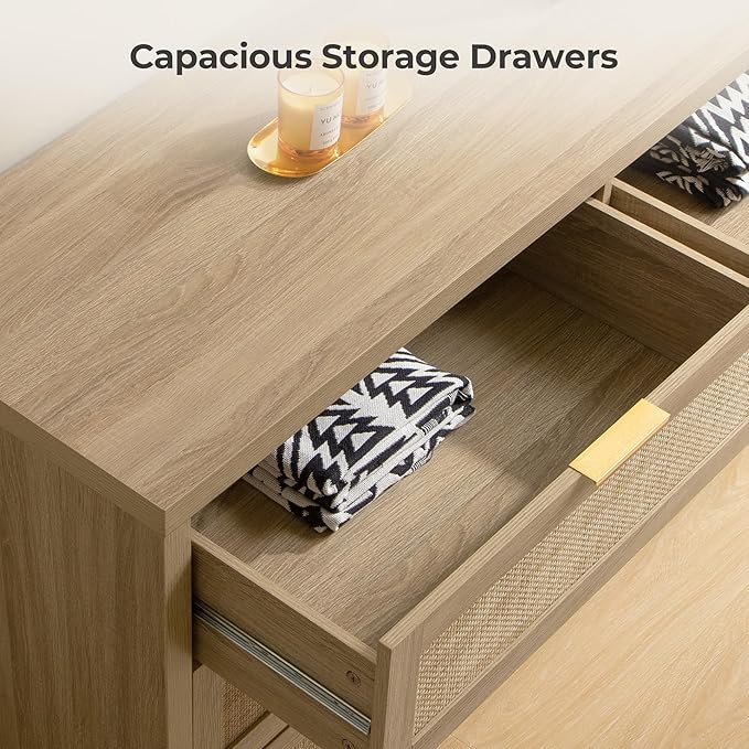 SICOTAS Rattan Dresser for Bedroom, 57" Wide 6 Drawer Dresser with Ample Storage, Dressers Large Chest of Drawers, Closet, Boho TV Stand for Bedroom (Reclaimed Light Oak, 1 Piece)