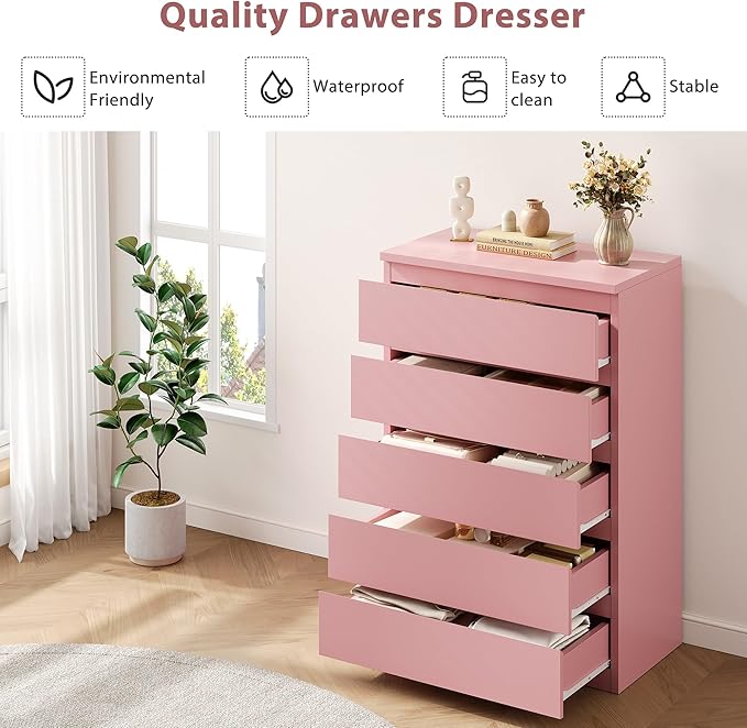 Modern Pink 5 Drawer Dresser for Bedroom, 15" D x 23.7" W x 40.4" H in Simply Chest of Drawers, Wood Storage Dresser with Deep Drawers for Living Room Hallway Entryway, Pink