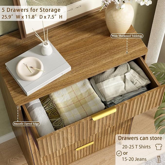 CARPETNAL Fluted 5 Double Drawers Dresser for Bedroom, 45”Tall Modern Chest of Drawers with Deep Drawers,Curved Profile Design, Wood Drawer Organizer for Living Room, Natural Oak