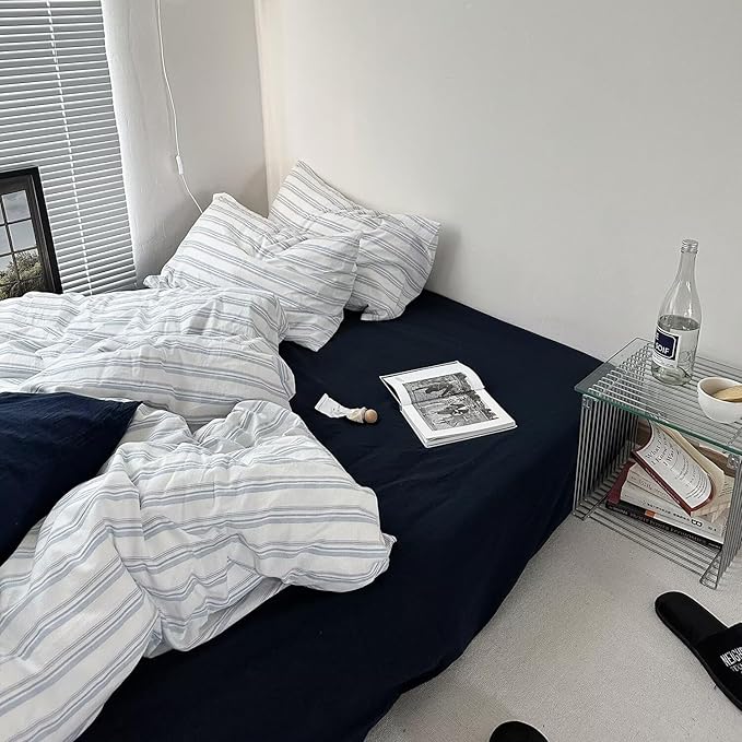 mixinni Vintage Light Blue & White Striped Comforter Set King Size - Soft Washed Cotton 3-Piece Bedding Set (1 Comforter + 2 Pillowcases), Retro Geometric Pattern, All-Season Breathable & Fluffy