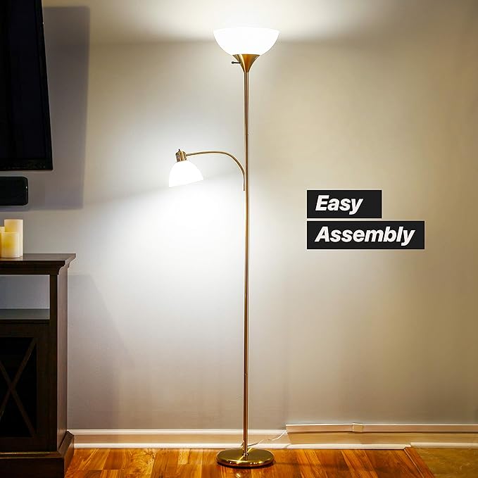 Brightech Sky Dome Plus LED Floor lamp, Torchiere Super Bright Floor Lamp with Reading Lamp for Living Rooms & Offices - Dimmable Tall Standing Lamp for Bedroom Reading - Gold Brass