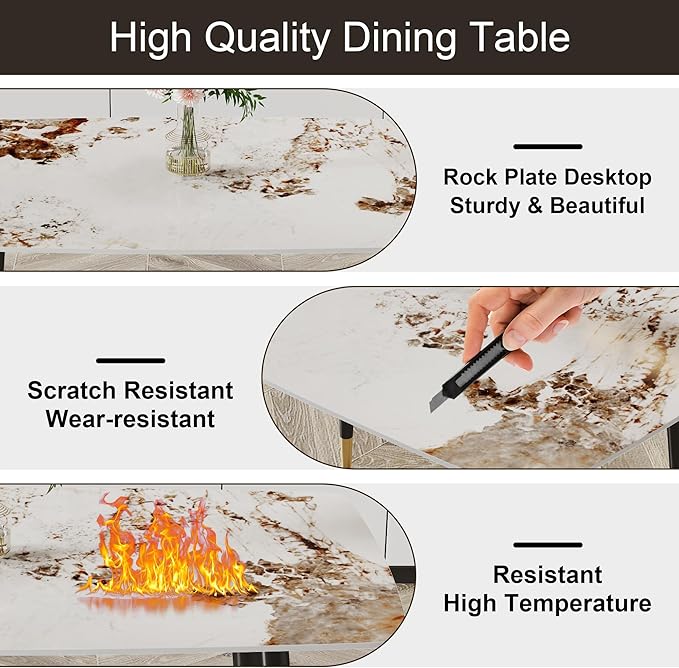 5 Pieces Modern Sintered Stone Dining Table Set 50" Rectangular Faux Marble Kitchen Table with 4 PU Leather Chair Dinner Table Set(1Faux Marble Table+4Gray and Brown Chairs)