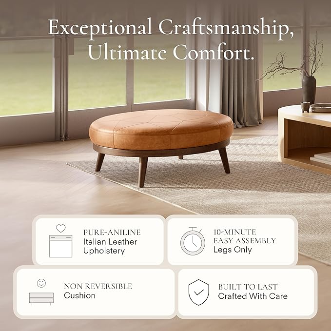 Poly & Bark Gio Ottoman – 30” Round with Feather-Down Topper – Full-Grain Leather Upholstery – Couch Ottoman for Living Room – Vintage Italian Leather in Cognac Tan