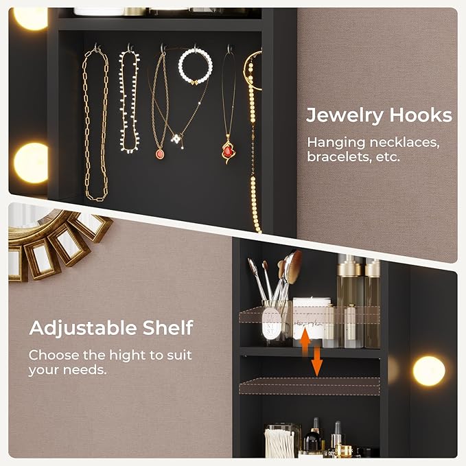 Hasuit 48.8'' Large Vanity Desk with Lighted Mirror & Power Outlet, Black Makeup Vanity Table with 6 Drawers, 4 Shelves and 1 Storage Cabinet, Glass Tabletop Bedroom Dressing Table, 3 Lighting Modes