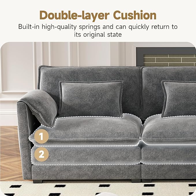 Real Relax 111'' Modular Sectional Sofa, 3 Seat Chenille Convertible Couch with 6 Pillows and 2 Armrest Pillows for Living Room, Office and Leisure Places, Dark Gray