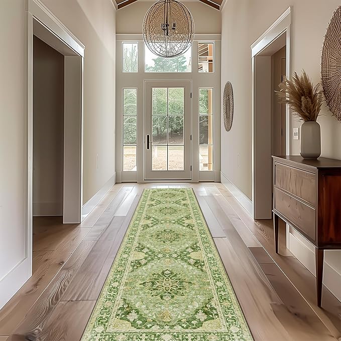 Area Rugs 2'x10' Washable Non-Slip, Floral Vintage Distress Print Pattern Medallion Carpet for Living Room Bedroom Dining Room, Sage Green Yellow