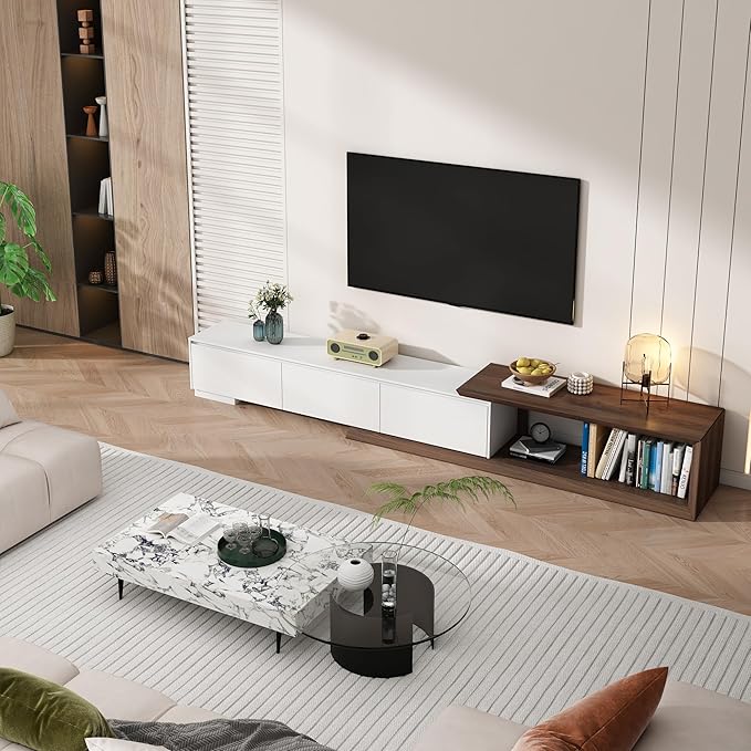 Extendable TV Stand with 3 Drawers, Modern Minimalist Entertainment Center, Reversible Long TV Media Console, Bevel Design, 82-107.3 Inch, White & Walnut