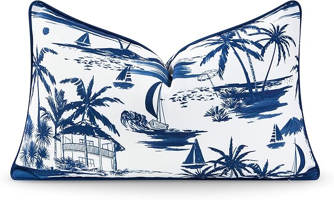 Hofdeco Premium Coastal Hampton Style Patio Indoor Outdoor Lumbar Pillow Cover Only, 12"x20" Water Resistant for Backyard, Couch, Navy Blue Beach Scene