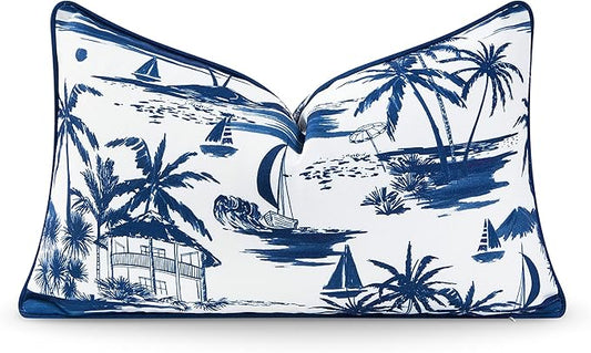 Hofdeco Premium Coastal Hampton Style Patio Indoor Outdoor Lumbar Pillow Cover Only, 12"x20" Water Resistant for Backyard, Couch, Navy Blue Beach Scene
