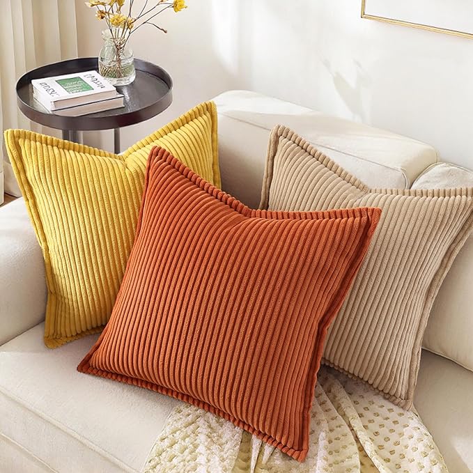 decorUhome Fall Corduroy Rust Throw Pillow Covers 18x18 Set of 2 Decorative Soft Boho Striped Neutral Euro Farmhouse Couch Pillow Covers with Broadside for Living Room Bed Sofa