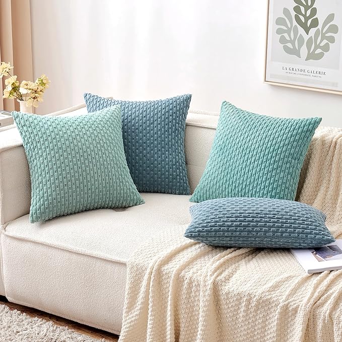 MIULEE Throw Pillow Covers Soft Corduroy Decorative Set of 2 Boho Striped Pillow Covers Pillowcases Farmhouse Home Decor for Couch Bed Sofa Living Room 18x18 Inch Blue Grey