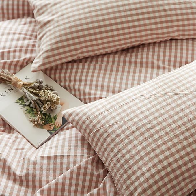 mixinni Pink Gingham Comforter Set Queen, Plaid Comforter Set 3 Pieces 1 Pink Grid Comfoter with 2 Pillow Cases for All Seasons, Soft Fluffy Modern Grid Pattern Printed Bedding-Queen Size