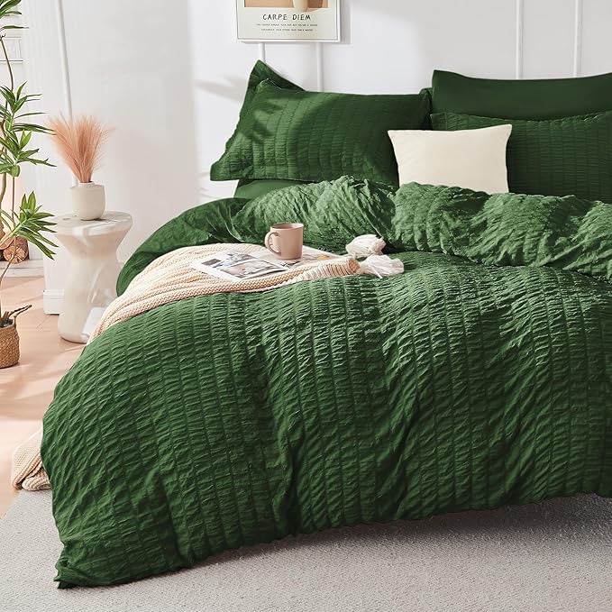 HYMOKEGE Dark Green Twin Comforter Set Seersucker 5 Pieces, All Season Luxury Bed in a Bag Queen for Bedroom, Bedding Set with Comforter, Sheets, Pillowcase & Sham