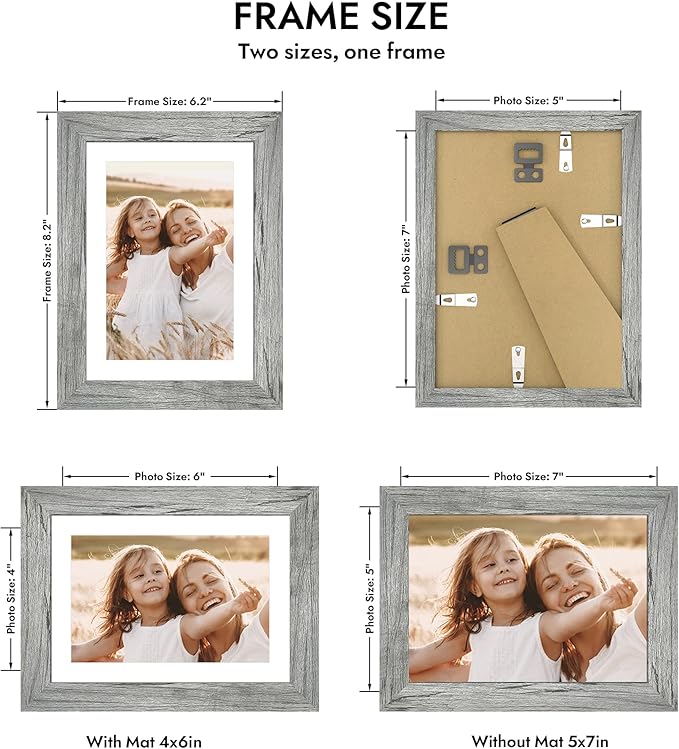 5x7 Picture Frame with Glass, Display Pictures 4x6 with Mat or 5 x 7 without Mat - Wall and Tabletop, 5 by 7 Photo Wooden Frames (Grey, 1 Pack)