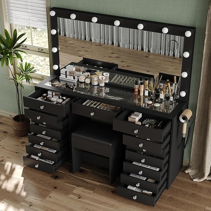 55" W Vanity Desk, Makeup Vanity with Charging Station, 15 Drawers with Lighted Mirror, 3 Lighting Modes, Brightness Adjustable, Glass Top, Vanity Table with Chair for Bedroom, Black