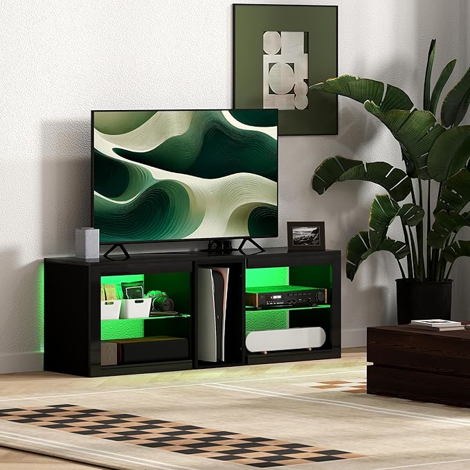 HOMCOM Modern TV Stand with LED Lights and Power Outlets for 55 Inch TV, 51" High Gloss Entertainment Center with Adjustable Glass Shelves, TV Console for Bedroom, Living Room, Black