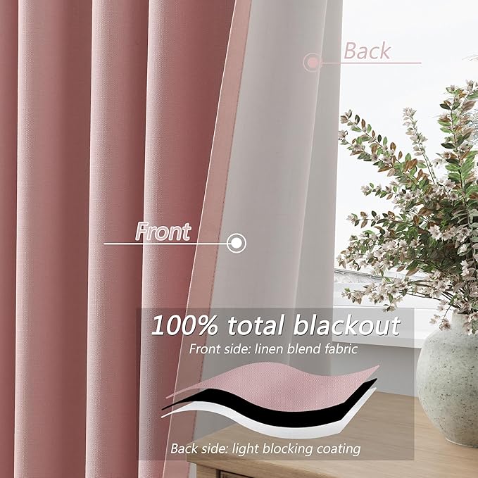 Guken 100% Blackout Linen Curtains 108 Inch 2 Panels Set for Girl's Bedroom, Living Room, Nursery, Back Tab Thermal Insulated Black Out Drapes Room Darkening, Pink