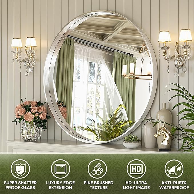 Suidia 30" x 30" Bathroom Mirror, Bathroom Vanity Mirror Metal Framed, Wall-Mounted Mirrors for Bedroom, Living Room, Entryway, Hallway, Silver, Round Style