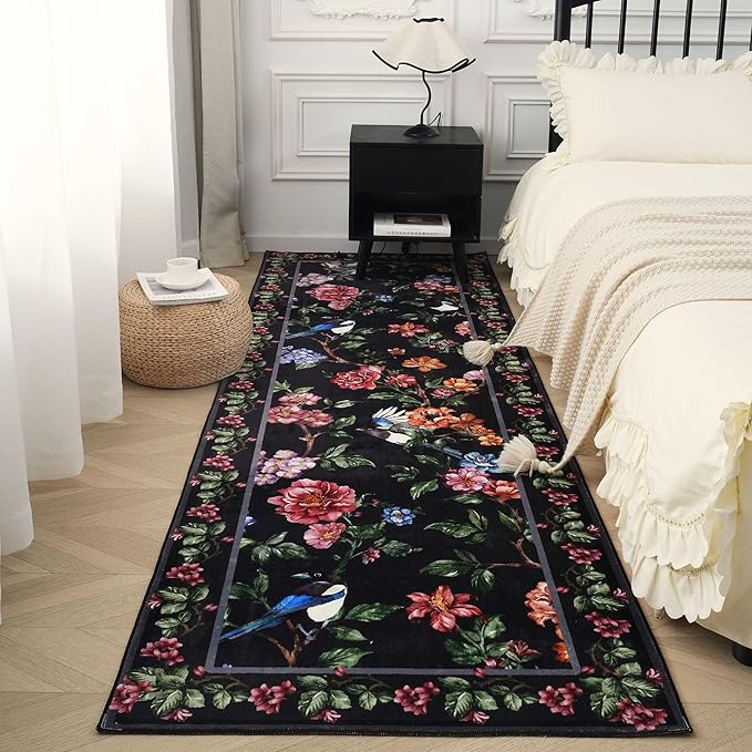 Runners for Kitchen Runner Rug 2'x10' Long Washable Rugs with Rubber Backing Non Slip Soft Floral Bird Magpies Animal Carpet Runner for Kitchen, Laundry, Bedroom, Bathroom (Black)