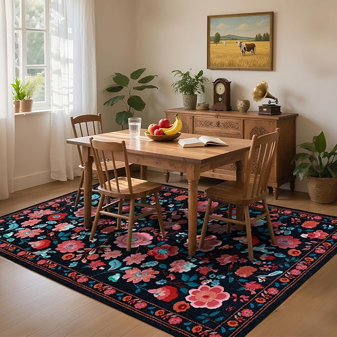 Living Room Rug 6x9 Rug, Machine Washable Area Rug Non Slip Low Pile Floral Rug for Living Room, Bedroom, Farmhouse, Dining Room, Kids Playroom, Black