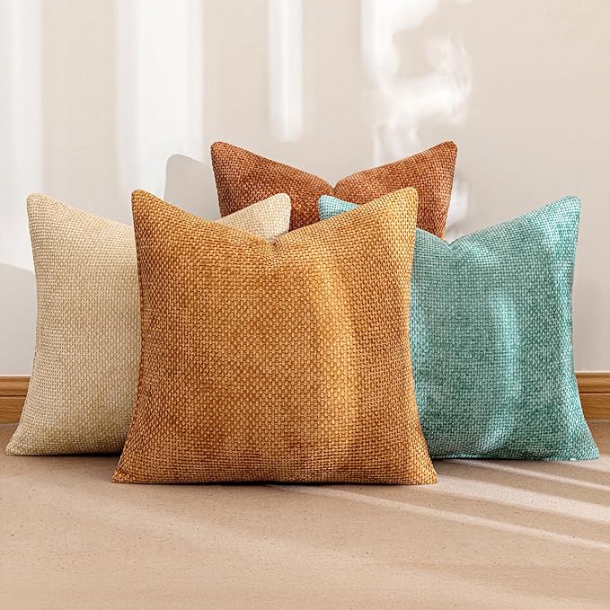 MIULEE Pack of 4 Orange/Teal Couch Throw Pillow Covers 18x18 Inch Yellow Green Soft Decorative Chenille Pillows Farmhouse Accent Cushions for Boho Home Decor Spring Sofa Bedroom Living Room