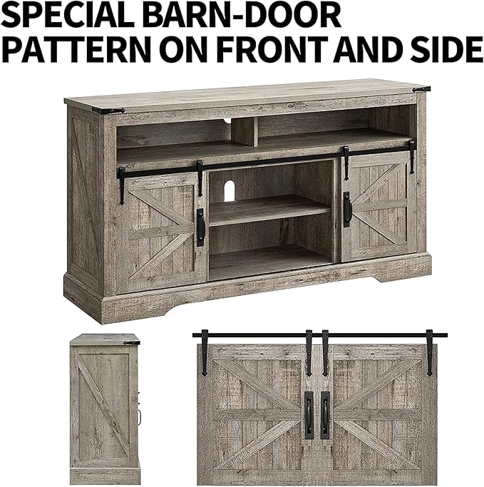 OKD Farmhouse TV Stand for 65+ Inch TV, 33" Tall Highboy Entertainment Center w/Sliding Barn Door, Rustic Media Console w/Storage Shelves, Wood Television Stand for Living Room, Light Rustic Oak