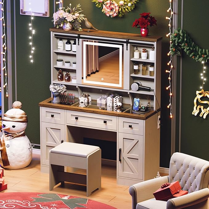 Farmhouse Makeup Vanity Desk with Sliding Mirror and Lights, 47'' Glass Tabletop Vanity Table with Charging Station, Large Vanity Set with Drawers, Stool, Barn Door Dressing Cabinets, White