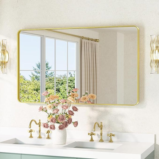 TETOTE Brushed Gold Bathroom Mirror 40 x 24 Gold Metal Framed Bathroom Mirror, Tempered Glass, Modern Farmhouse Wall Mounted Mirror for Decorative(Horizontal/Vertical)