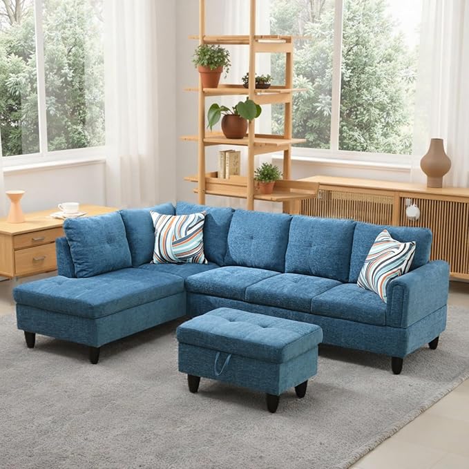 L Shaped Couch Sectional Couches with Chaise and Storage Ottoman, 3 Pieces Modular Convertible Sofa for Living Room Furniture Sets and Small Apartment, Blue