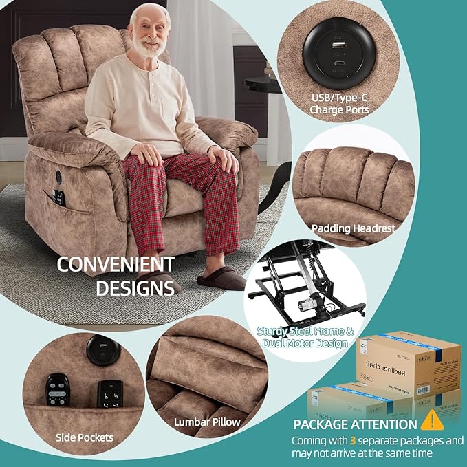 MEETWARM Large Dual Motor Power Lift Chair with Extended Footrest for Big Tall Elderly, Infinite Position Lay Flat Lift Electric Recliner, Heat Massage, Lumbar Pillow, USB & Type-C Ports, Plush Brown