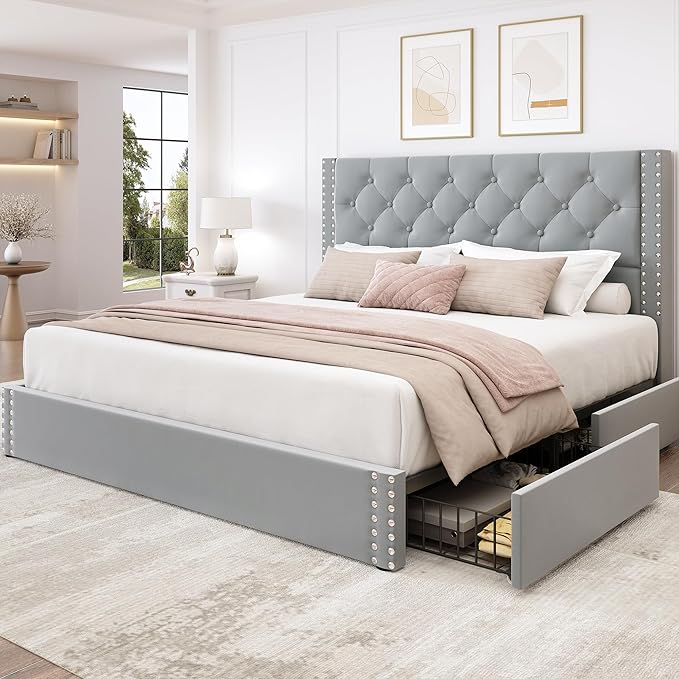 Queen Size Bed Frame Upholstered Platform Bed with 4 Storage Drawers and Tufted Headboard Velvet Bed Frame with Heavy Duty Wood Slats, No Box Spring Needed, Easy Assembly, Bluish Grey