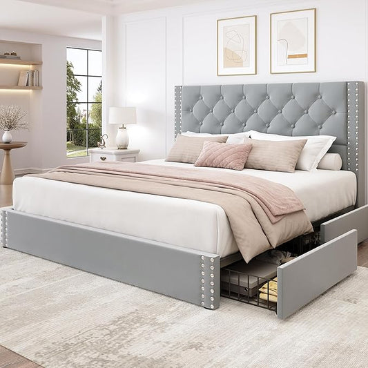 Queen Size Bed Frame Upholstered Platform Bed with 4 Storage Drawers and Tufted Headboard Velvet Bed Frame with Heavy Duty Wood Slats, No Box Spring Needed, Easy Assembly, Bluish Grey